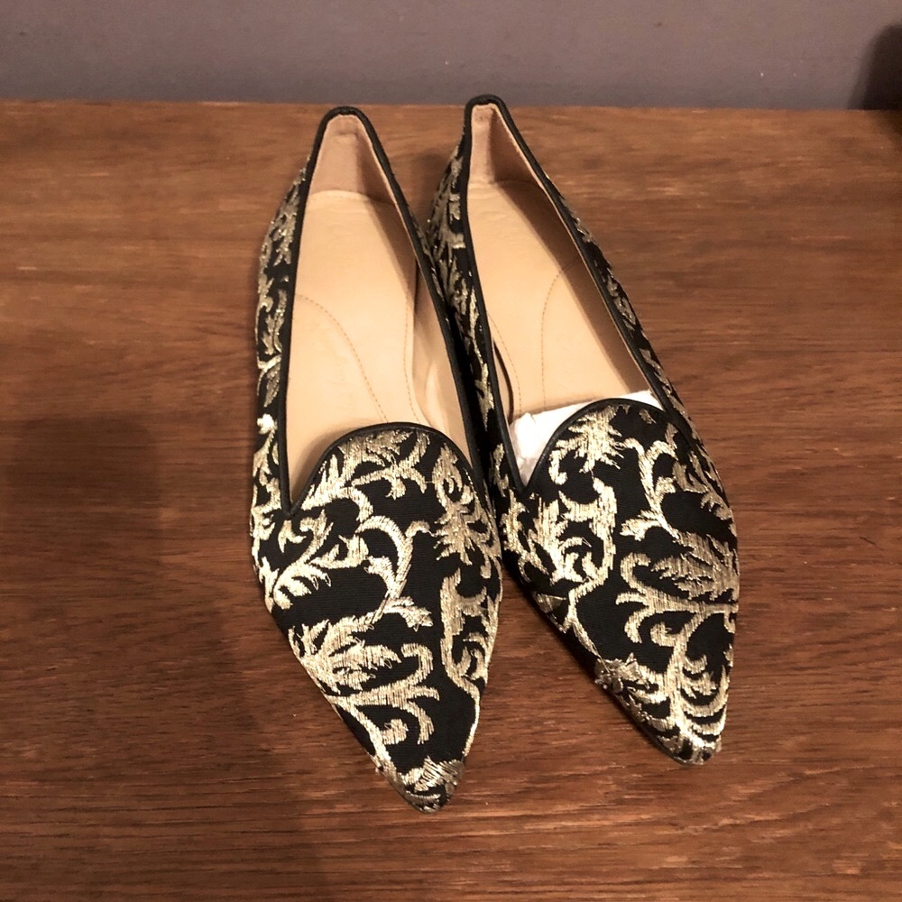 New Chatelles Ballet Flats Brocade Gold Black sz 38 pointed toe